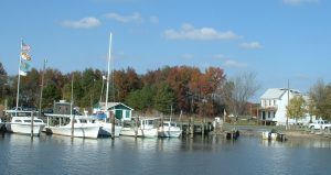 A pier with boats docked in Caroline County, Maryland.